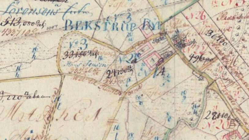 Gammelt kort over Bækstrup fra 1809. 