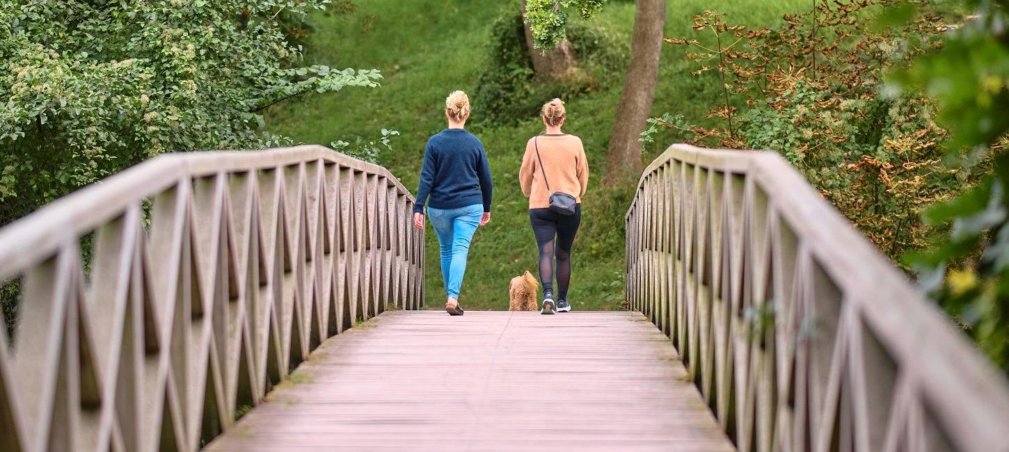 Einheimische Freunde machen einen Spaziergang im Ladegårdsskoven in der Nähe des Schloss Nyborg