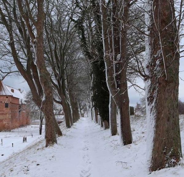 Die Stadtmauer von Schloss Nyborg bei schönem Schneewetter